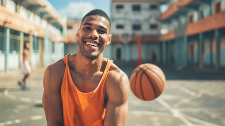 A joyful basketball player in an orange jersey is smiling on an outdoor court, embodying the games spirit with a backdrop of urban scenery and sunshineの素材