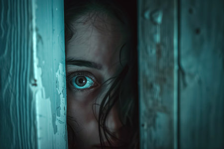 An intense close-up of a person peeking through a narrow crack in a door, showcasing a single eye filled with fear and curiosity, surrounded by dim, eerie light.の素材
