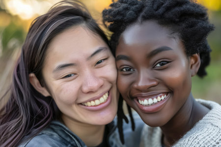 Outdoors, two friends are sharing genuine smiles, reflecting their strong bond and joy in each others company, epitomizing solidarity and togethernessの素材