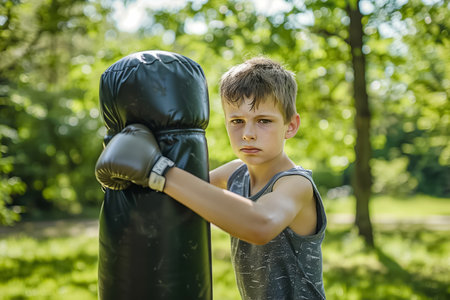 A young boy is boxing a punching bag outdoors, practicing his strength and techniques under the bright sun, displaying determination and focusの素材