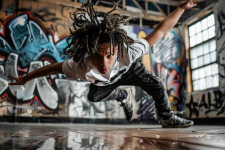 In a lively urban environment covered in graffiti, a talented dancer executes street dance moves with passion and skill, showcasing energy and creativityの素材