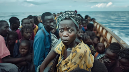 The image captures the dire situation of refugees crowded on a boat at sea, facing intense circumstances and risking their lives for a better futureの素材