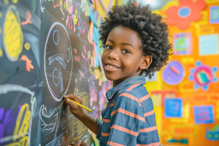 A student joyfully drawing on a classroom chalkboard, surrounded by colorful artwork and decorations, showing creativity and enthusiasm for learningの素材