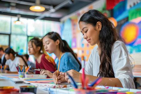 Students in art class are exploring their creativity through various projects using paint brushes and colorful materials to showcase their artistic talentsの素材
