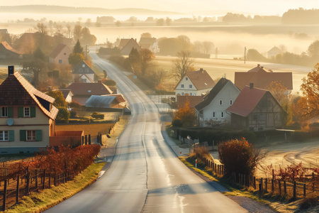 A serene morning view of a rustic countryside highway lined with houses, trees, and a misty horizon...