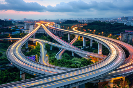 An elaborate autobahn interchange showcases remarkable engineering and urban infrastructure as cars...