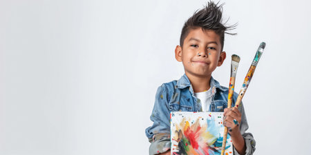 In the image, a child is seen using two paintbrushes to create a vibrant painting. Their unique hairstyle stands out while they wear a blue denim jacketの素材