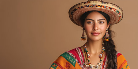 Beautiful latin woman wearing traditional colorful clothes and a sombrero is posing in a studioの素材