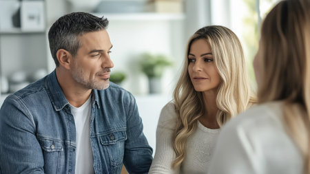 Couple is listening attentively to a female doctor during a medical consultation in her bright officeの素材