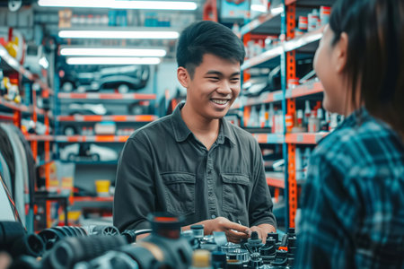Young mechanic is holding a car part and explaining something to a customer in an auto shopの素材