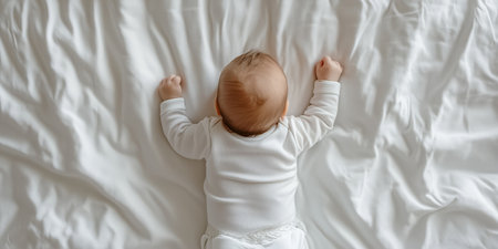 Peaceful baby lies on soft white sheets, stretching joyfully. The bright, airy room evokes comfort and relaxation, symbolizing growth and happiness in childhoodの素材