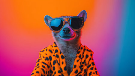 Raccoon is posing on a colorful background, wearing a leopard print bathrobe and sunglassesの素材