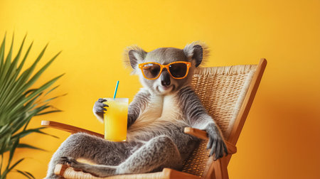 Koala wearing sunglasses is sitting on a deckchair, holding a glass of orange juice with a straw, enjoying a sunny dayの素材