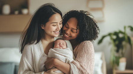 Multiracial lesbian couple is smiling at their newborn baby, enjoying a tender moment of family loveの素材