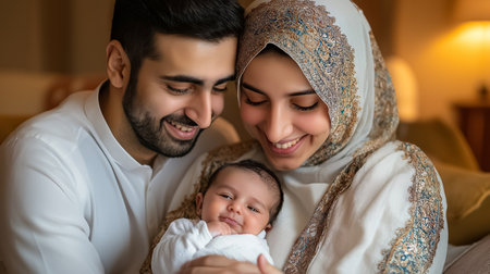 Young muslim family is smiling at their newborn baby while sitting on a couch at homeの素材