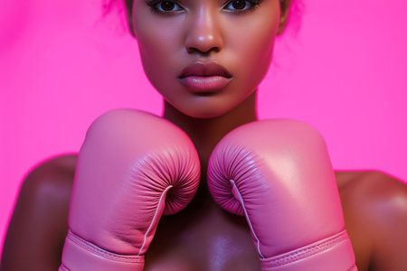 Young woman is holding up her pink boxing gloves in front of her face against a bright pink backgroundの素材