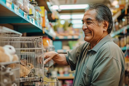Smiling mature pet shop owner taking care of his animals, choosing a rabbit to show to customersの素材