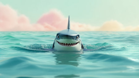 Cartoon shark swimming in the ocean with a big smile, under a colorful pastel sky, creating a funny and surreal atmosphereの素材