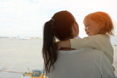 Mother holding her daughter looking at airplanes through the window at the airport, waiting for boardingの写真素材
