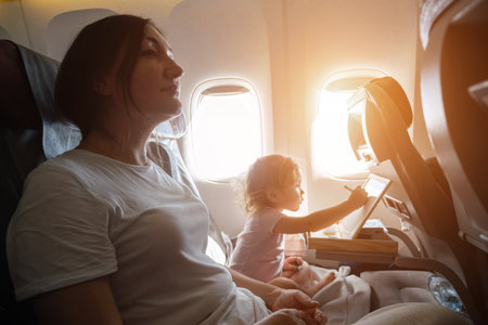 Little girl drawing on tablet while traveling by plane with her mother, sitting next to the window during a flightの写真素材