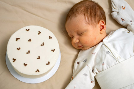 Newborn baby sleeps peacefully in a cozy all in one jumpsuit. Reposing on a soft colored blanket beside a delicious white celebration cake decorated with small heart shapes