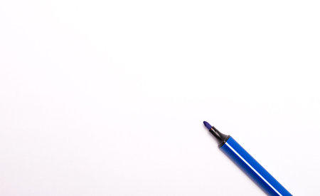 Blue open felt-tip pen on white background. Copy space