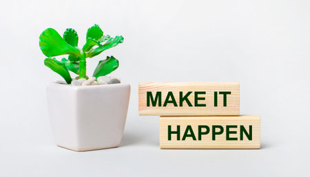 On a light background, a plant in a pot and two wooden blocks with the text MAKE IT HAPPENの写真素材