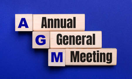 On a bright blue background, light wooden blocks and cubes with the text AGM Annual General Meeting.の写真素材