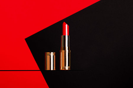 Open bright red lipstick in gold and silver packaging stands on glass against a red and black background. The lipstick cap is nearby. Beauty cosmetology concept.の写真素材