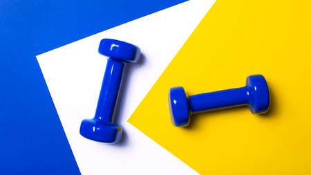Fitness dumbbells are blue on a white, yellow and blue background. Equipment for home workouts and exercises in the flat lay gym. Sports dumbbell for a healthy lifestyle top view.の写真素材