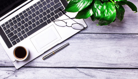 There is a laptop, glasses, a pen, a cup of coffee and a green plant on the working wooden table....