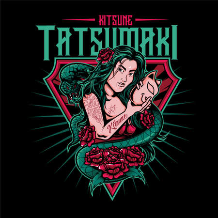 Beautiful girl using Kitsune mask with angry snakeのイラスト素材