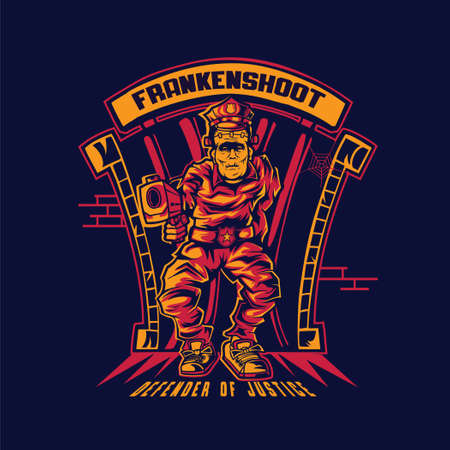 Frankenstein Police With Gun In the Front of Cellのイラスト素材