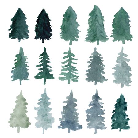 Fir-trees silhouettes isolated. Abstract watercolor hand drawn illustration for winter postcard, poster and patternの写真素材