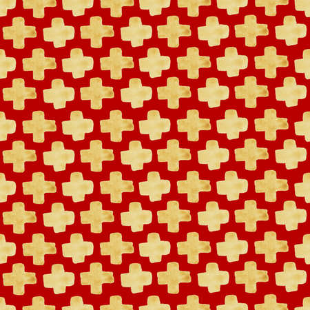 Organic shapes naive pattern with golden crosses on red background . Abstract watercolor seamless pattern, handdrawn illustration, surface fabric textile designの写真素材