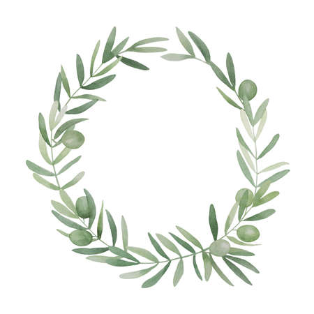 Green olive leaves wreath. Olivaceous twigs, branches, Pronence greenery frame.の写真素材