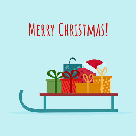 Christmas presents gifts on sledge. Holiday greeting card, banner, invitationのイラスト素材