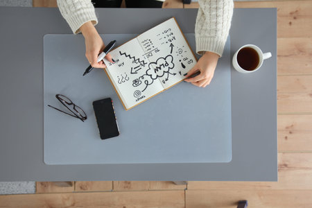 Designers table with notes and tools, above.