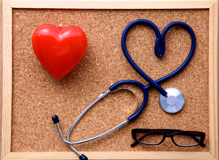 Medical stethoscope on a background of cork panels.の写真素材