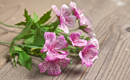 beautiful flowers lie on old wooden table.の写真素材