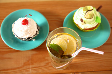 beautiful ice cream and drinks on the wooden table.