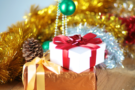 Christmas composition with gift box and decorations.の写真素材