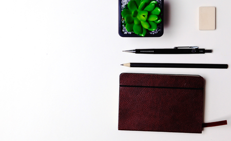 diary, pencils and cactus on the desktopの写真素材