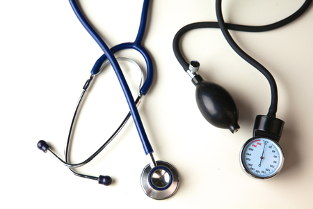 Blood pressure meter and stethoscope, isolated on whiteの写真素材