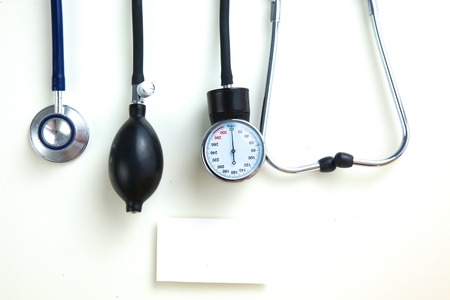 Blood pressure meter and stethoscope, isolated on whiteの写真素材