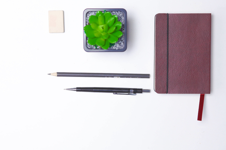 diary, pencils and cactus on the desktopの写真素材