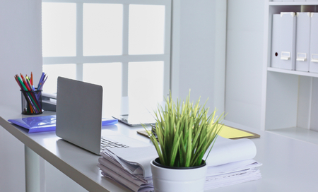 Workspace presentation mockup, Desktop computer and office suppの写真素材