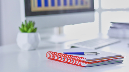 Workspace desktop, documents on the office tableの写真素材