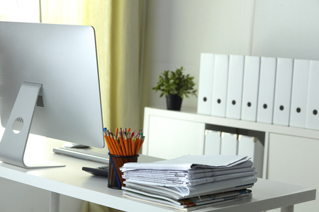 Workspace desktop, documents on the office tableの写真素材