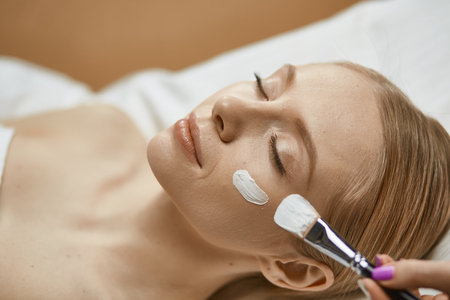 cosmetology and treatment concept - close up of beautiful youngの写真素材